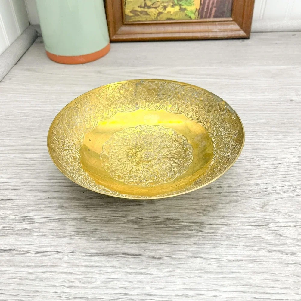 Vintage Etched Brass Bowl: Floral‎ Trinket Dish, Mid-Century Decor